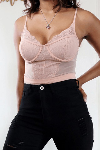 Blush Pink Sheer Mesh Bodysuit with Lace Detail - Pretty Brilliant